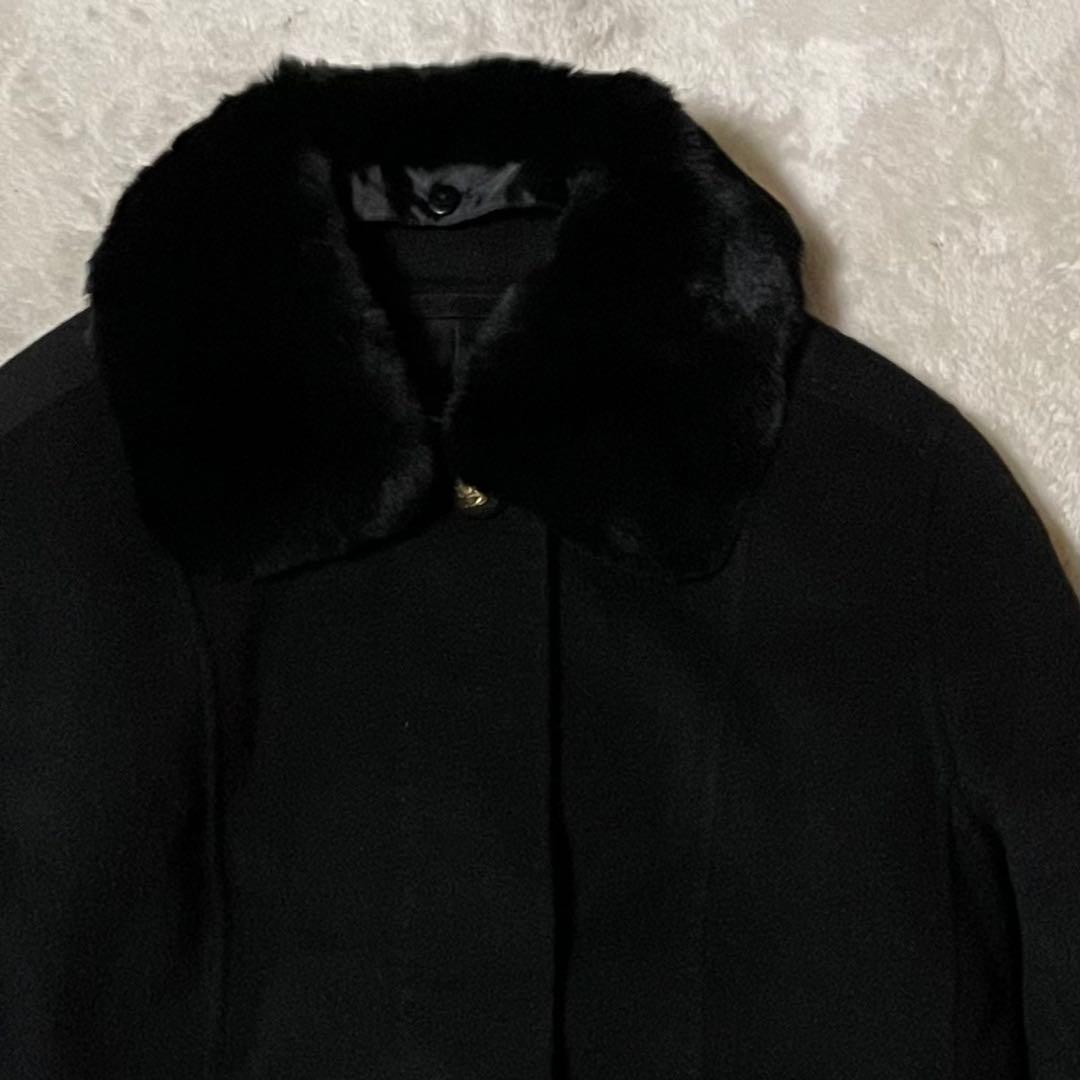 専用バーバリー カシミヤ混 襟ラビットファー ロングウールコート Lネイビー美品