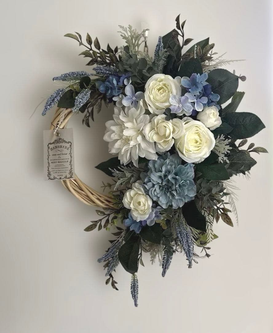 まゆ＊フラワーリース＊　玄関リース　ダリアとローズのナチュラルリース