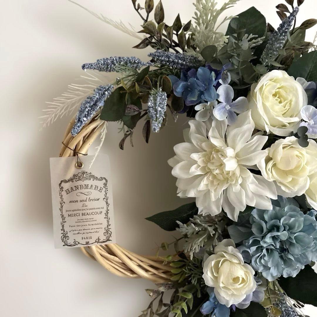 まゆ＊フラワーリース＊　玄関リース　ダリアとローズのナチュラルリース