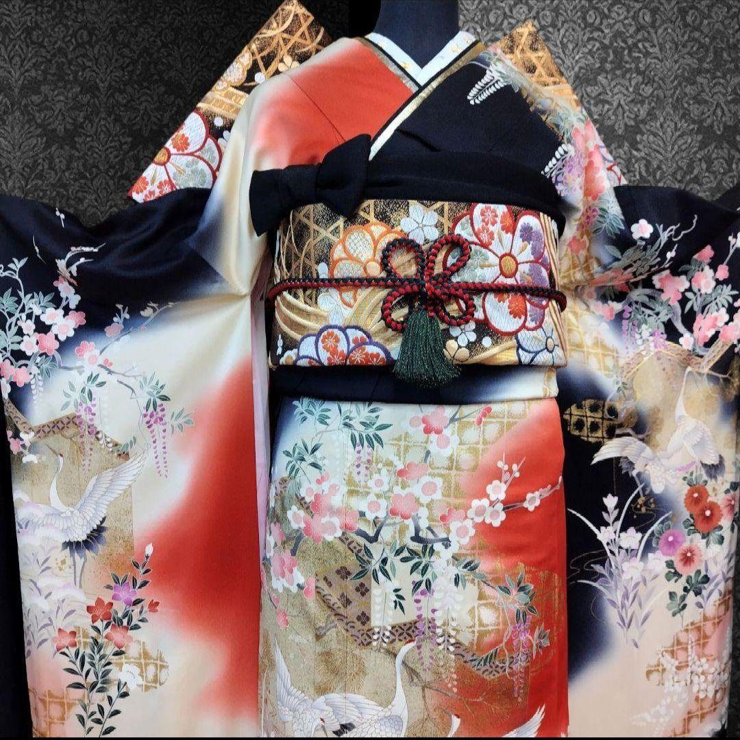 最終価格☆振袖フルセット(6点)・古典柄・金彩加工・舞鶴・胴裏正絹・正絹
