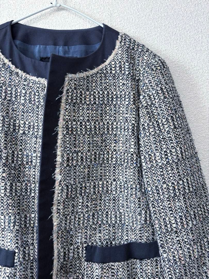 ドゥロワー　ツィード　ノーカラージャケット　ネイビー　38