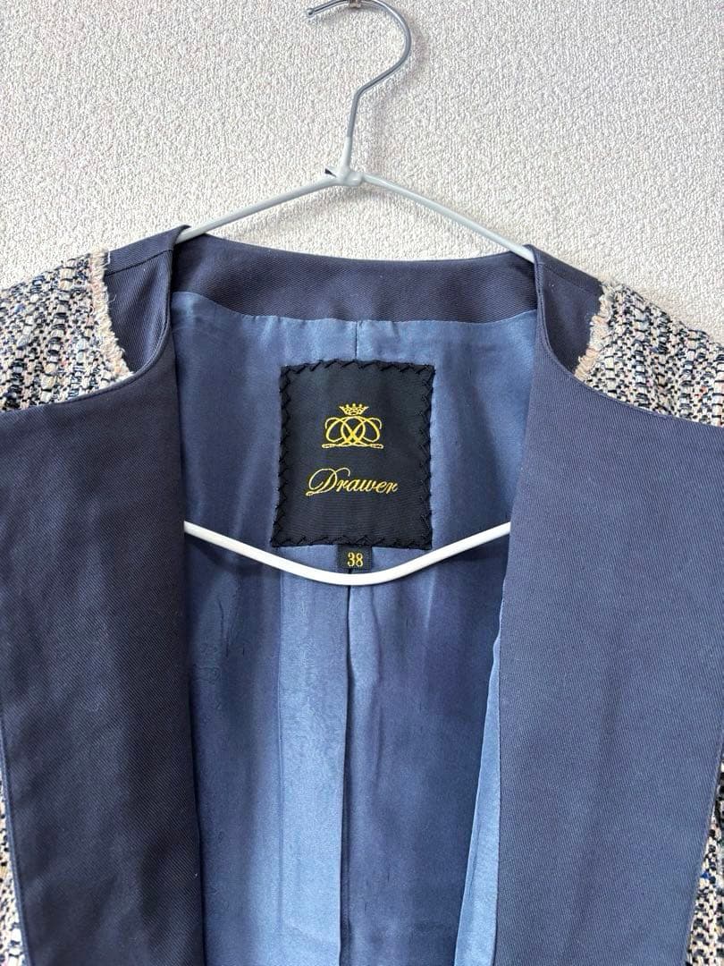 ドゥロワー　ツィード　ノーカラージャケット　ネイビー　38