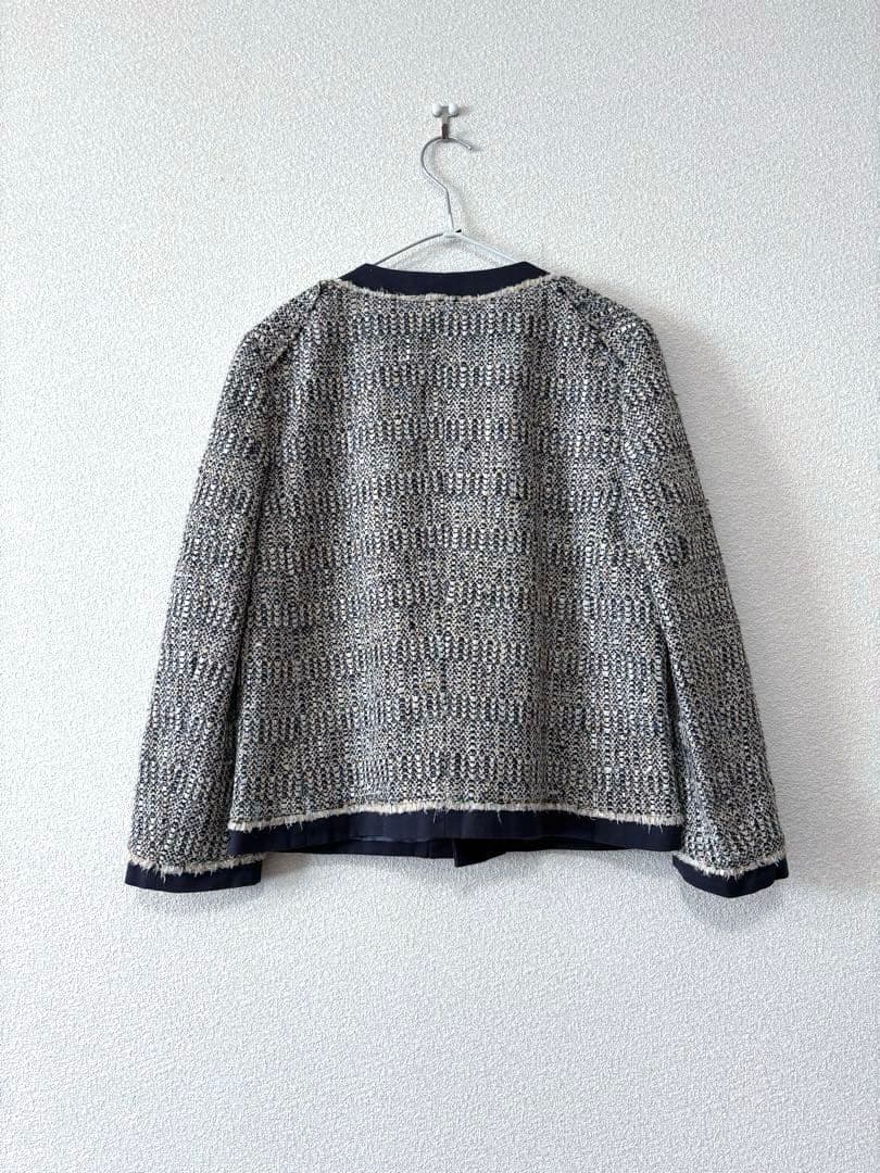 ドゥロワー　ツィード　ノーカラージャケット　ネイビー　38