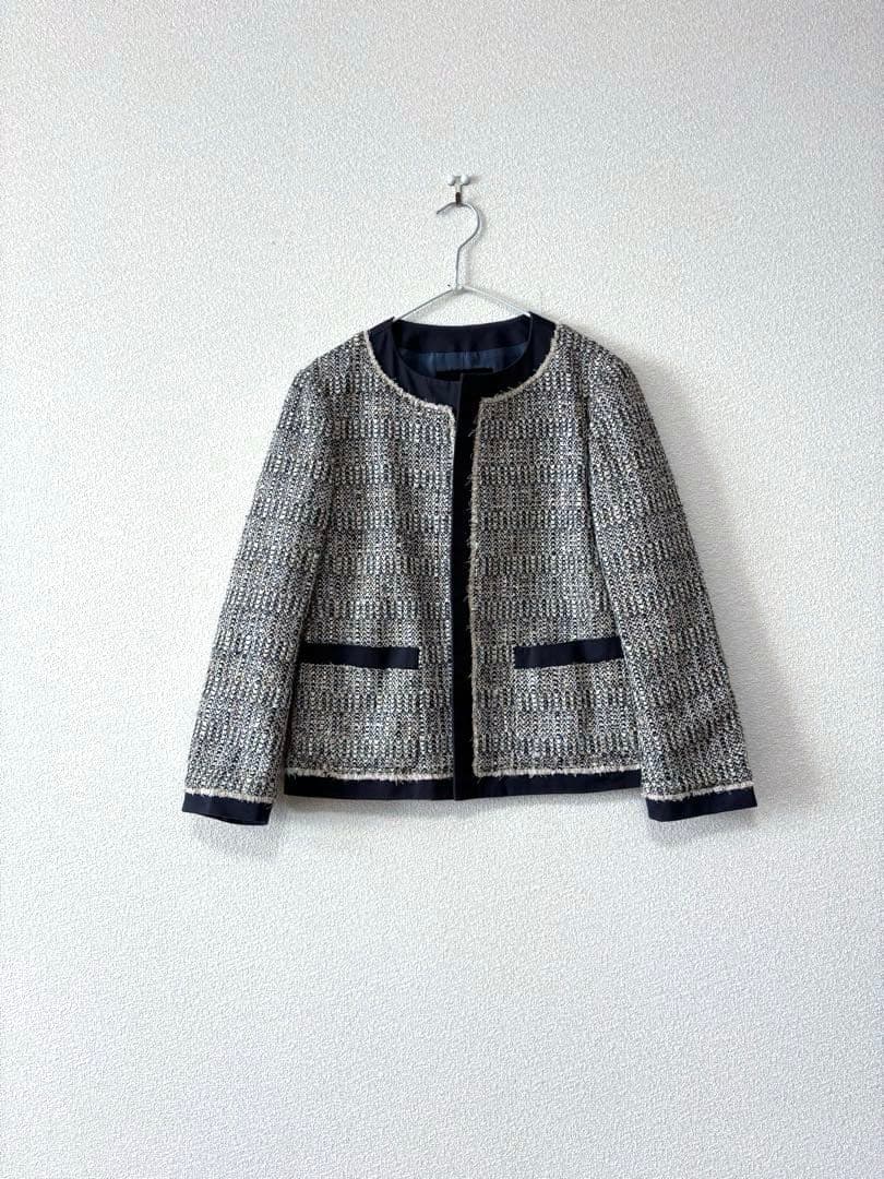 ドゥロワー　ツィード　ノーカラージャケット　ネイビー　38