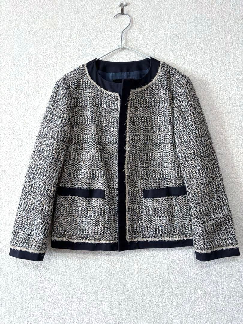 ドゥロワー　ツィード　ノーカラージャケット　ネイビー　38