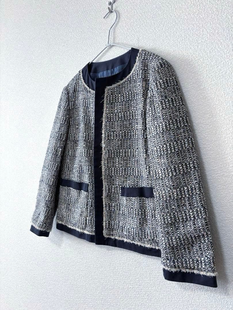 ドゥロワー　ツィード　ノーカラージャケット　ネイビー　38