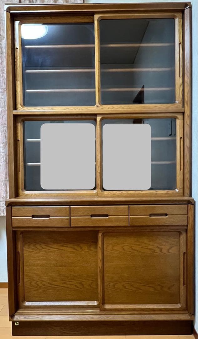 豆パンさん専用　木製食器棚カップボード　なら材ガラス引戸2段引出し3 引き戸1段