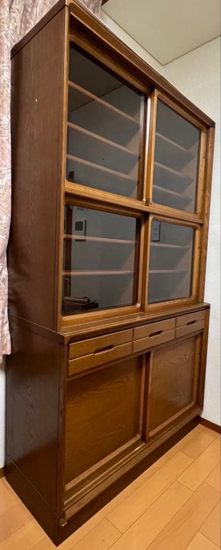 豆パンさん専用　木製食器棚カップボード　なら材ガラス引戸2段引出し3 引き戸1段