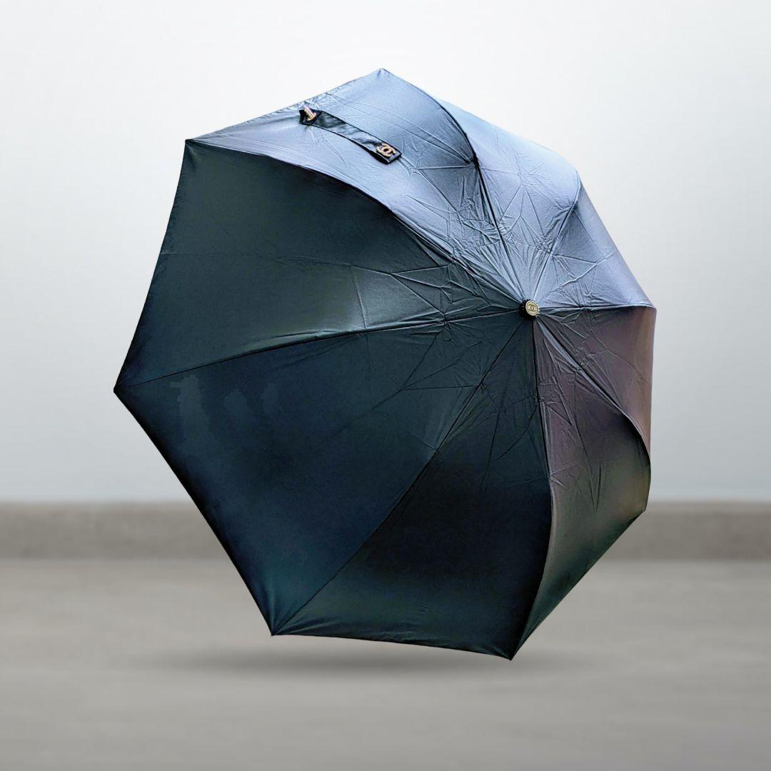 【CHANEL】シャネル　マトラッセ　折り畳み傘　ココマーク　レザーケース付　黒