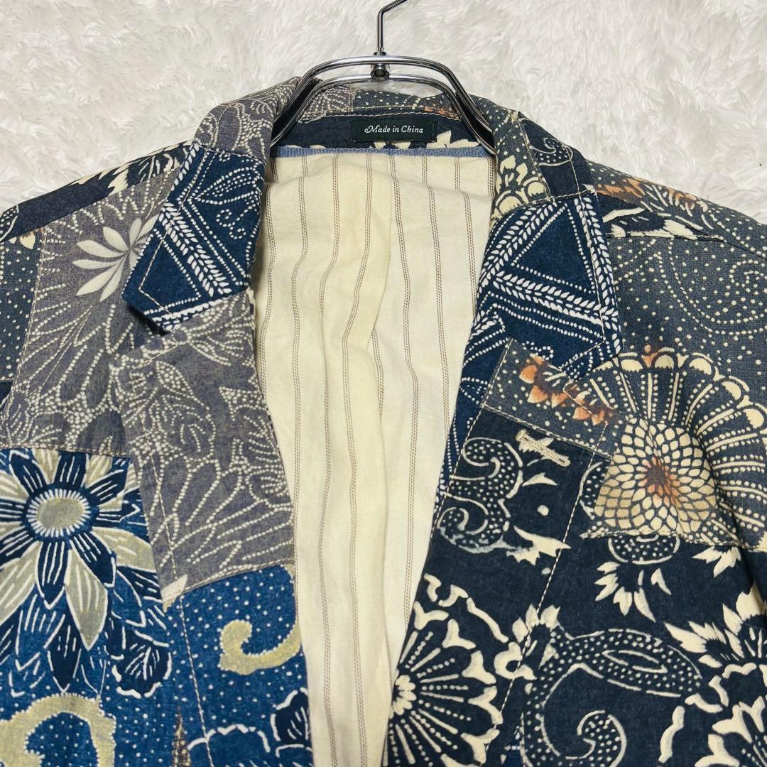 希少 J.CREW テーラードジャケット パッチワーク 和柄 藍染 唐草 2XL