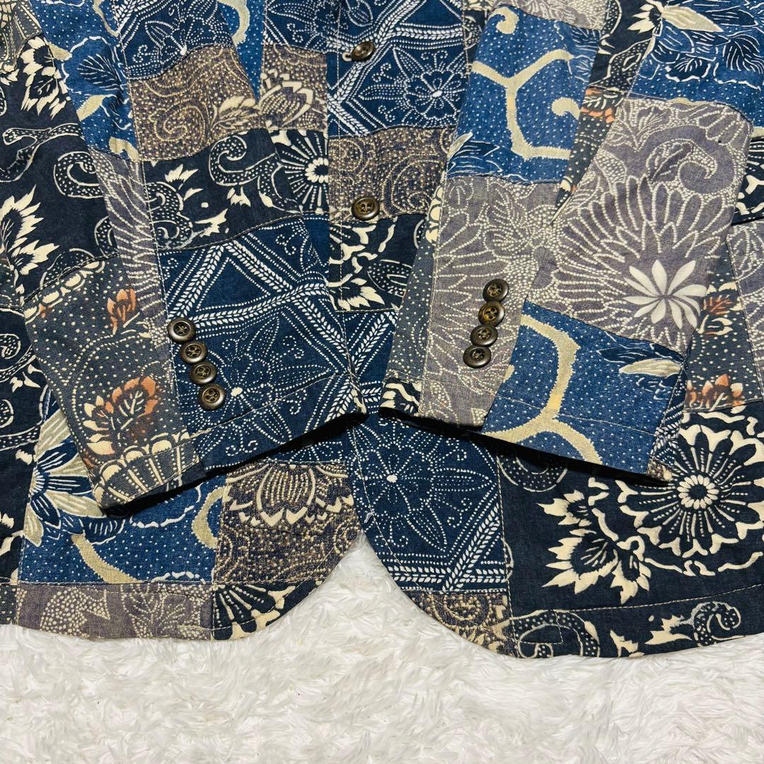 希少 J.CREW テーラードジャケット パッチワーク 和柄 藍染 唐草 2XL