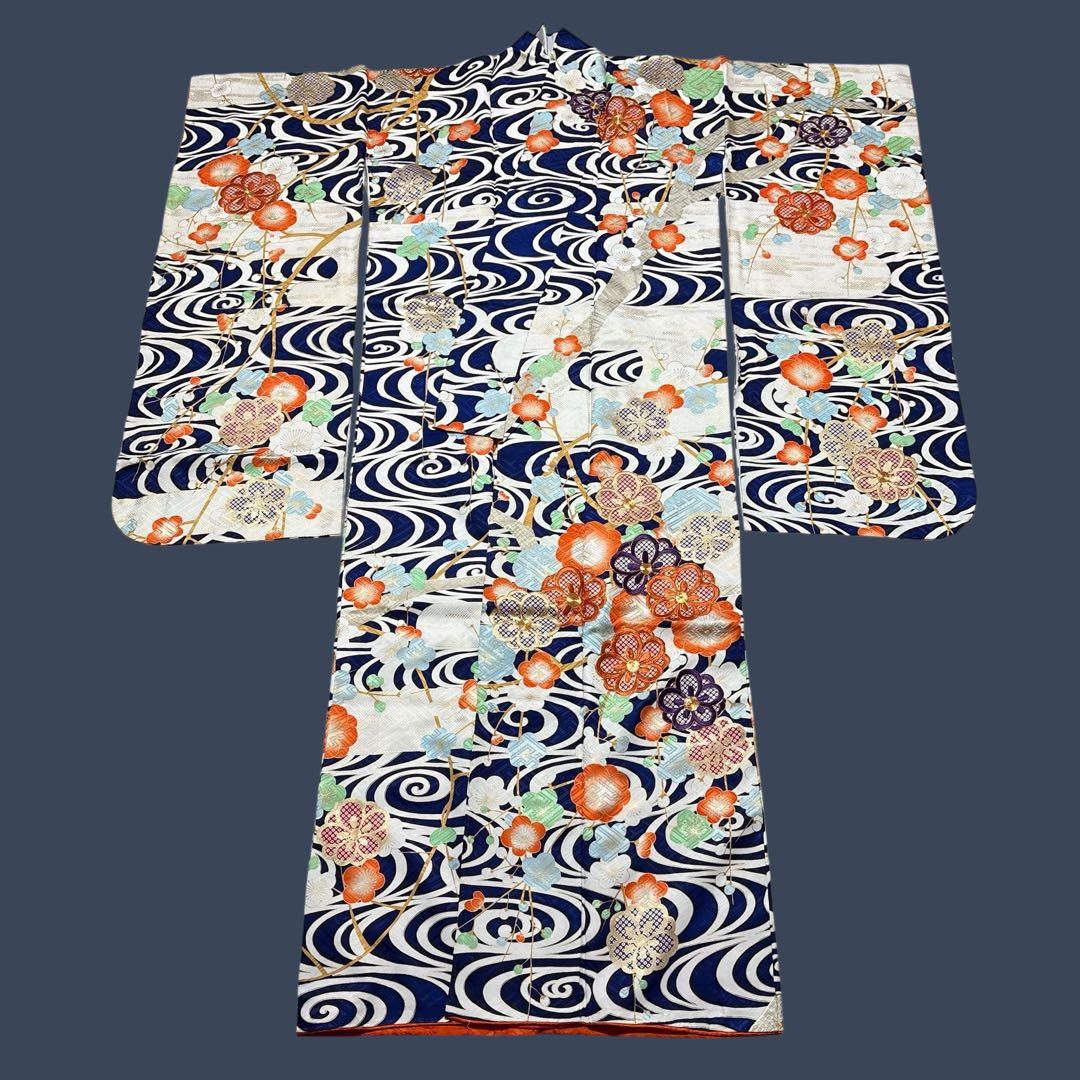 (え15) 蒼波に綴る祝い花 手刺繍映える アンティーク振袖コーデ㊗️②点セット