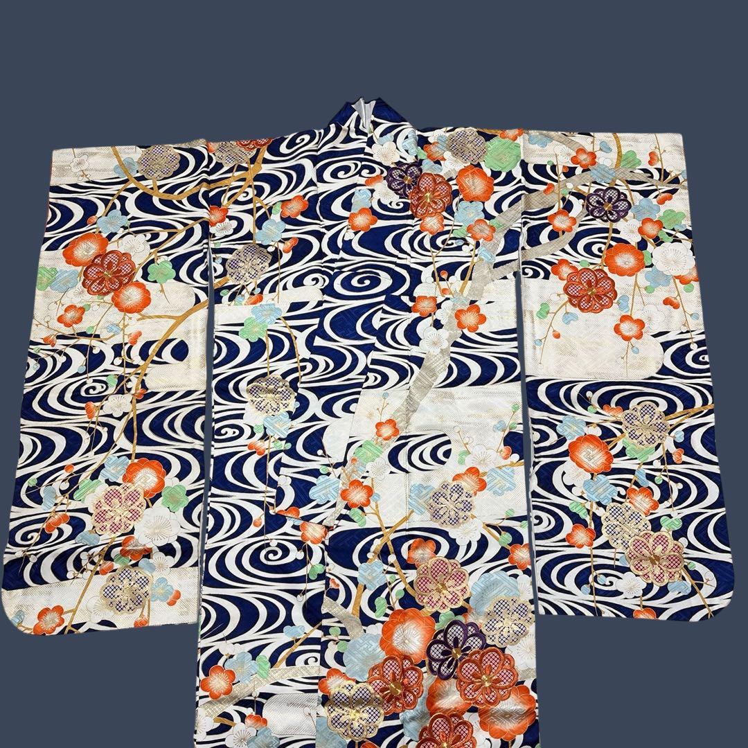 (え15) 蒼波に綴る祝い花 手刺繍映える アンティーク振袖コーデ㊗️②点セット