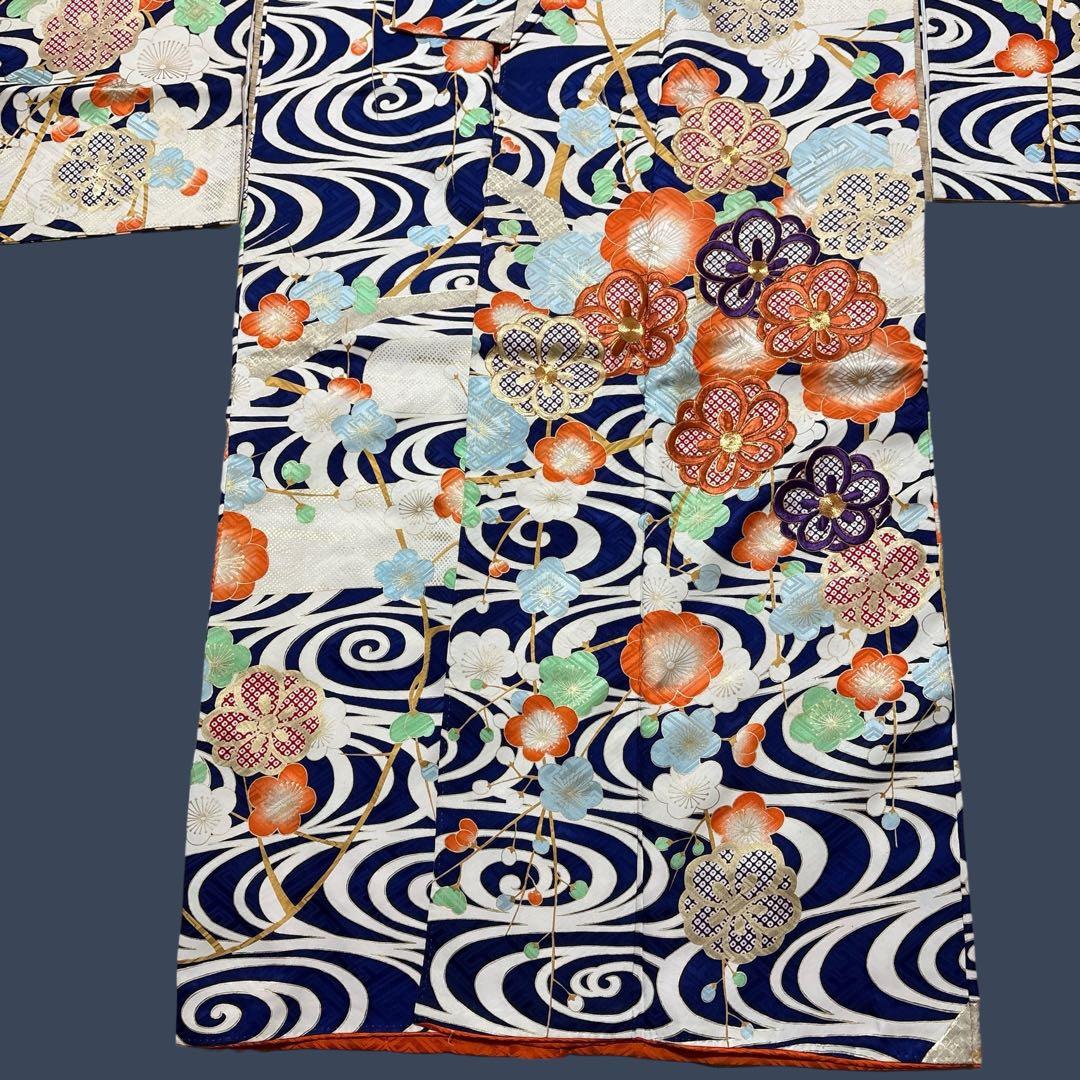 (え15) 蒼波に綴る祝い花 手刺繍映える アンティーク振袖コーデ㊗️②点セット