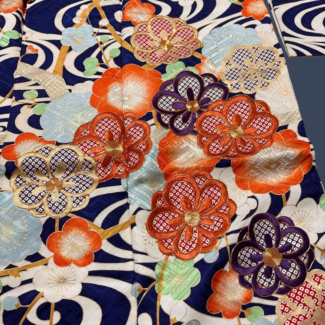 (え15) 蒼波に綴る祝い花 手刺繍映える アンティーク振袖コーデ㊗️②点セット