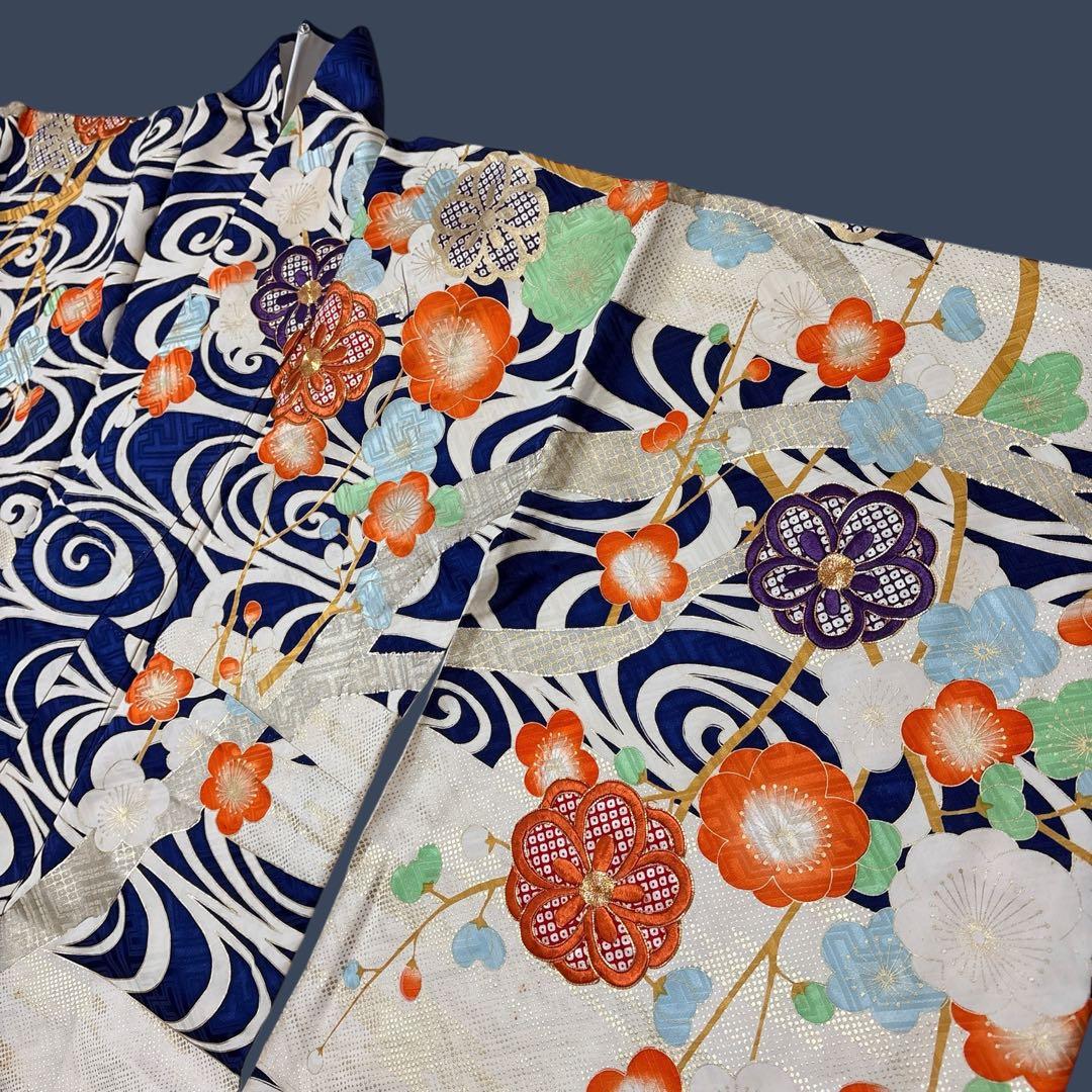 (え15) 蒼波に綴る祝い花 手刺繍映える アンティーク振袖コーデ㊗️②点セット