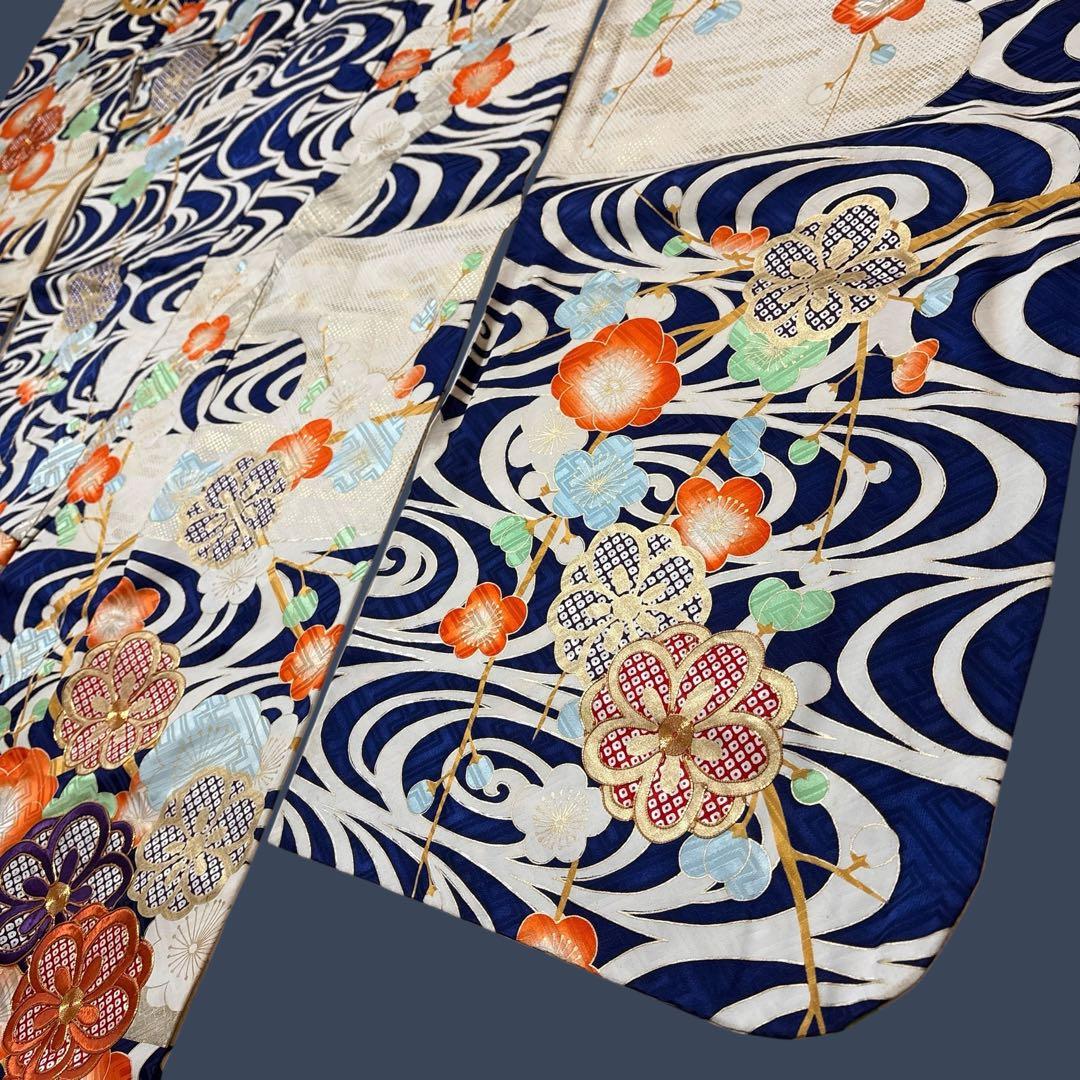 (え15) 蒼波に綴る祝い花 手刺繍映える アンティーク振袖コーデ㊗️②点セット