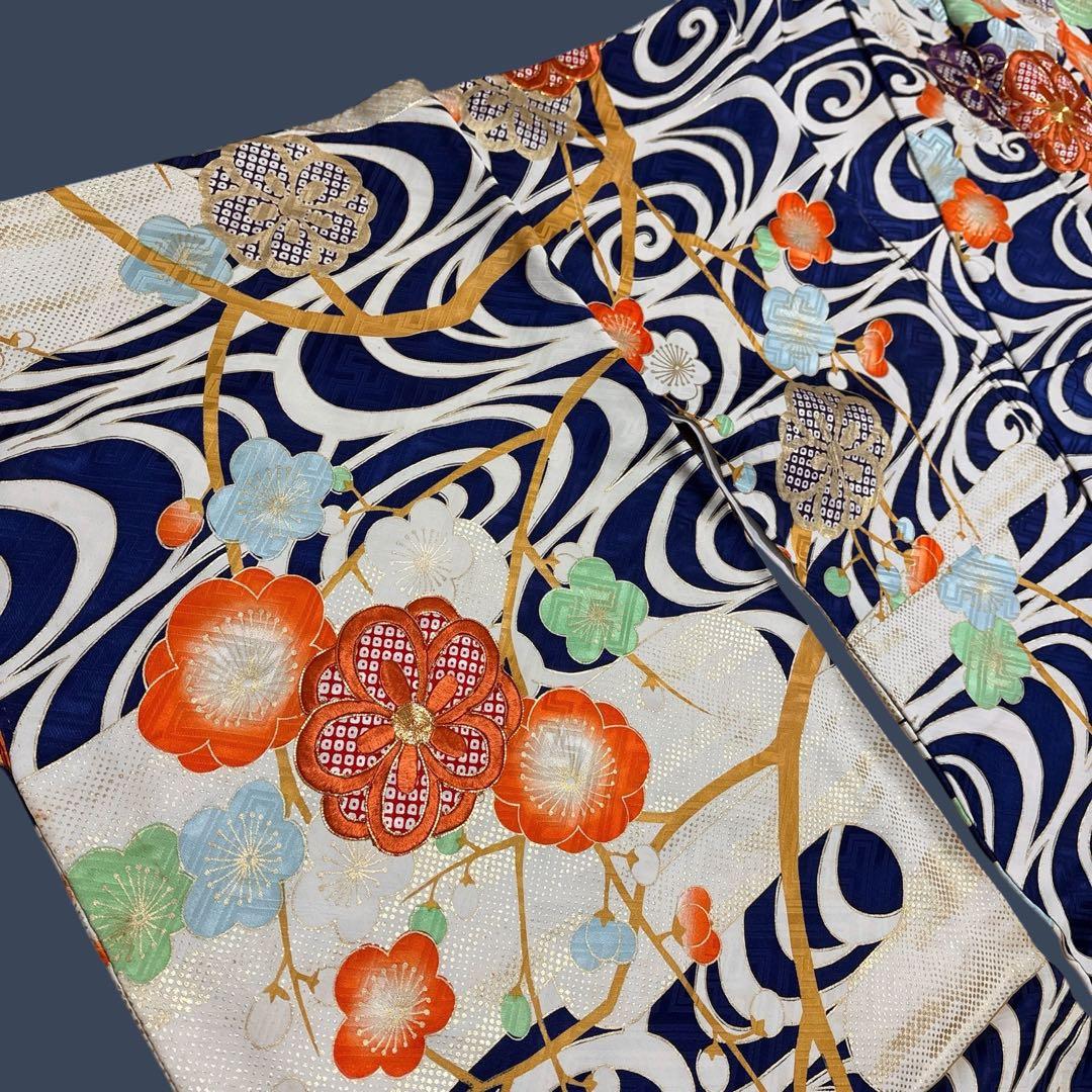 (え15) 蒼波に綴る祝い花 手刺繍映える アンティーク振袖コーデ㊗️②点セット