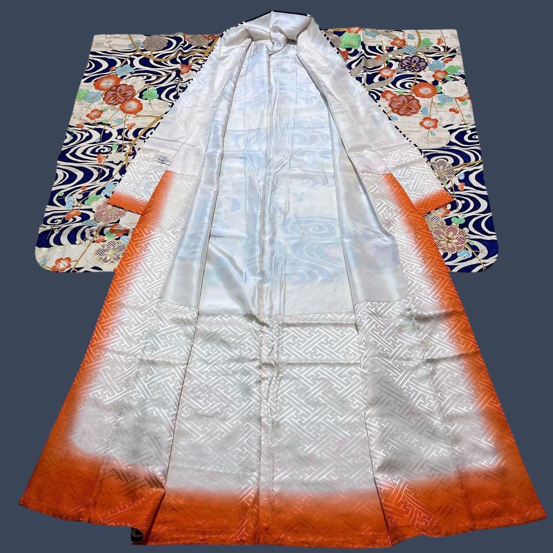 (え15) 蒼波に綴る祝い花 手刺繍映える アンティーク振袖コーデ㊗️②点セット