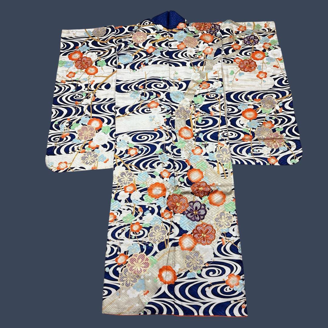 (え15) 蒼波に綴る祝い花 手刺繍映える アンティーク振袖コーデ㊗️②点セット