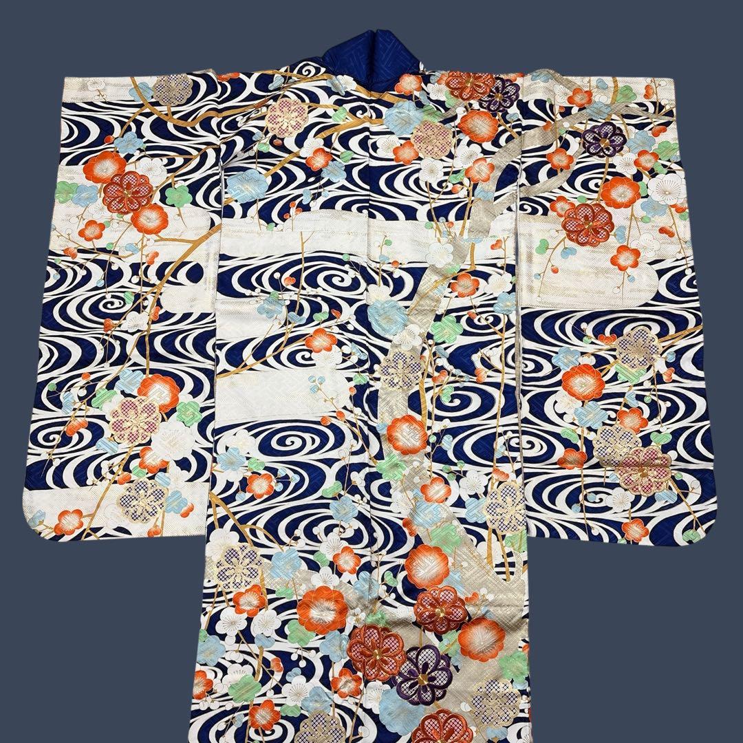 (え15) 蒼波に綴る祝い花 手刺繍映える アンティーク振袖コーデ㊗️②点セット