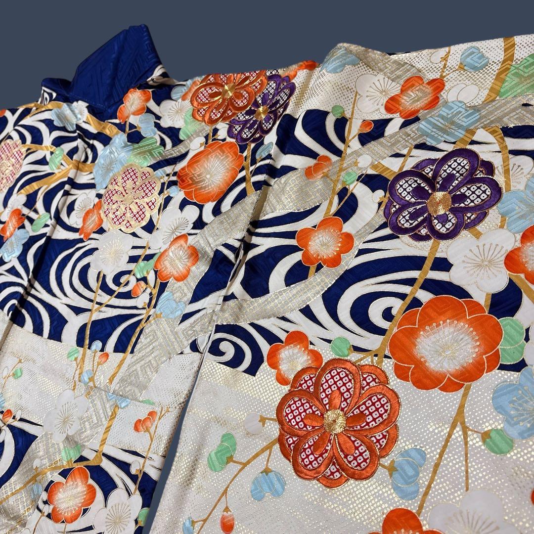 (え15) 蒼波に綴る祝い花 手刺繍映える アンティーク振袖コーデ㊗️②点セット