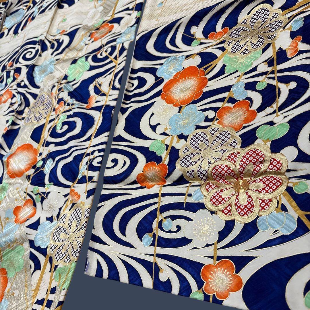 (え15) 蒼波に綴る祝い花 手刺繍映える アンティーク振袖コーデ㊗️②点セット