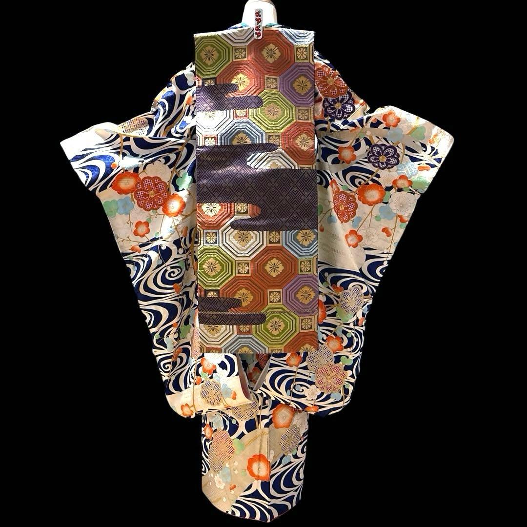 (え15) 蒼波に綴る祝い花 手刺繍映える アンティーク振袖コーデ㊗️②点セット