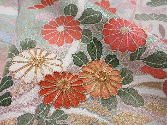 訪問着：美品-藤・桔梗・桜と菊・梅・淡いミントグリーン：袷正絹：N89