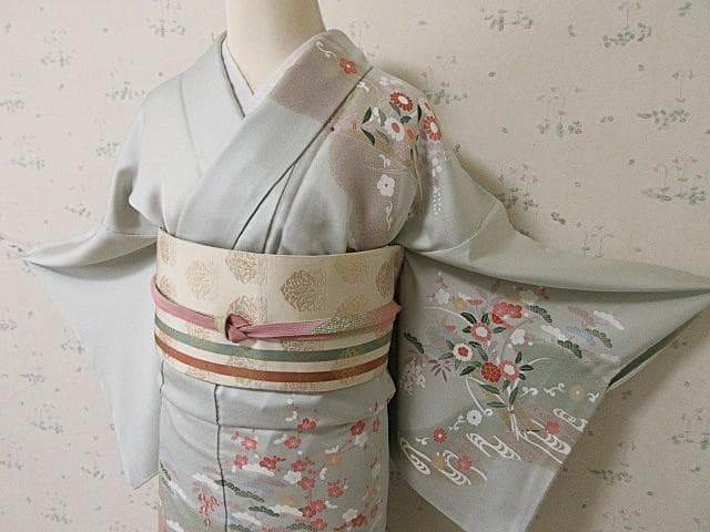 訪問着：美品-藤・桔梗・桜と菊・梅・淡いミントグリーン：袷正絹：N89