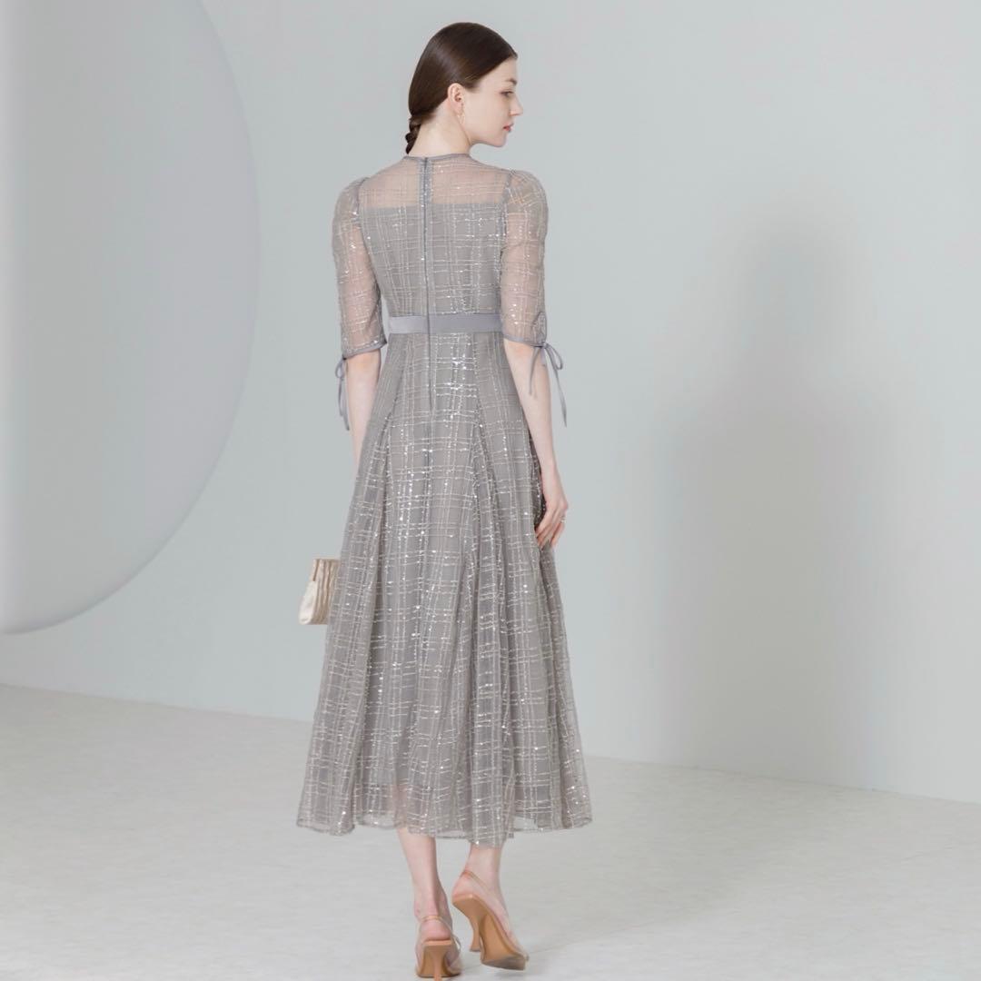 【限定値下げ】LEJA チェック刺繍スパンコール袖リボンワンピースドレス