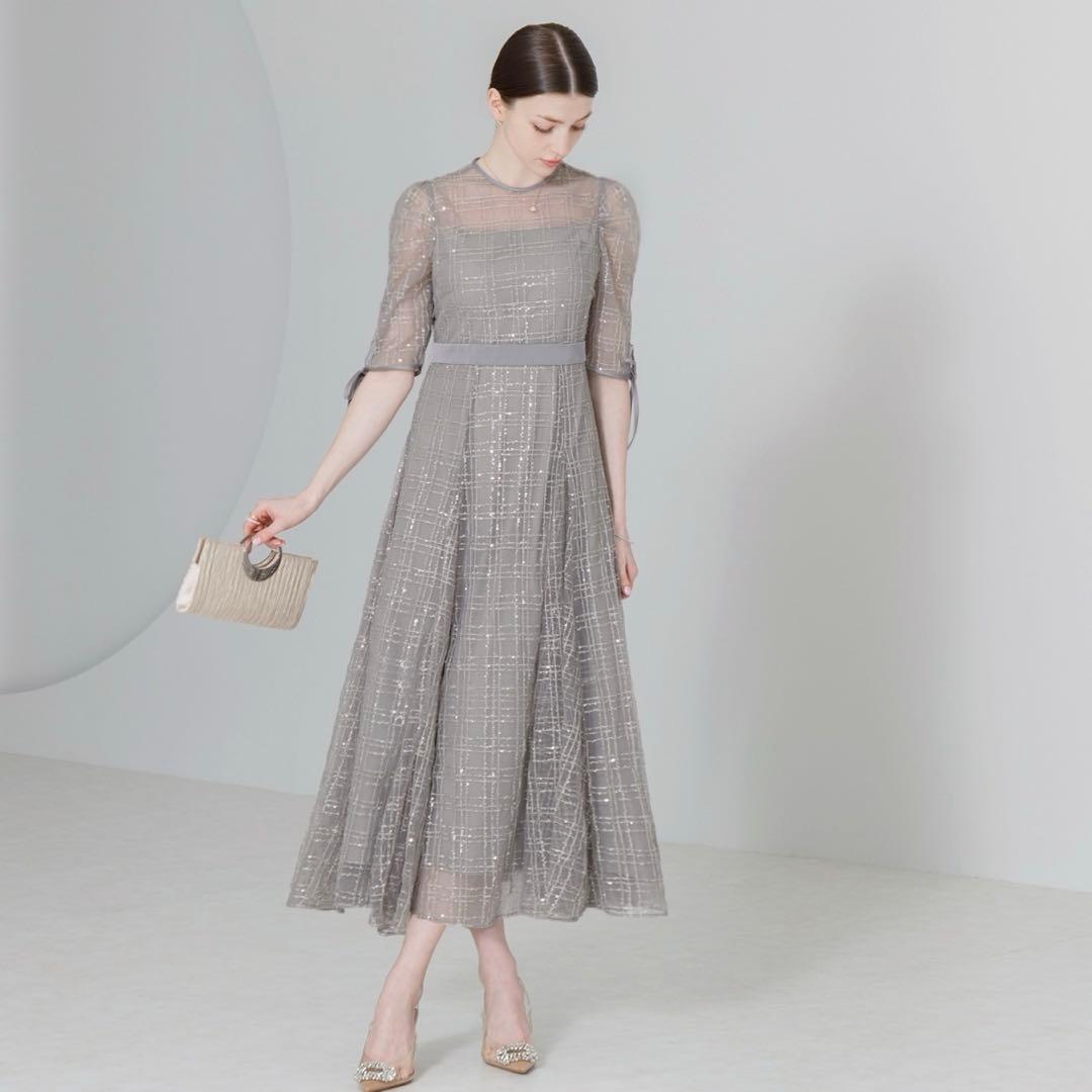 【限定値下げ】LEJA チェック刺繍スパンコール袖リボンワンピースドレス