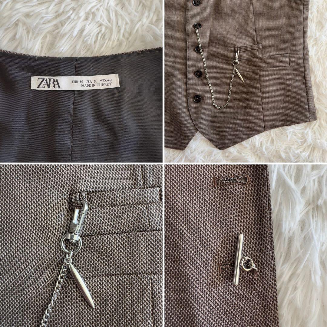 人気✨ZARA スリーピース　3P スーツ　バーズアイ柄　ラペルピン　チェーン