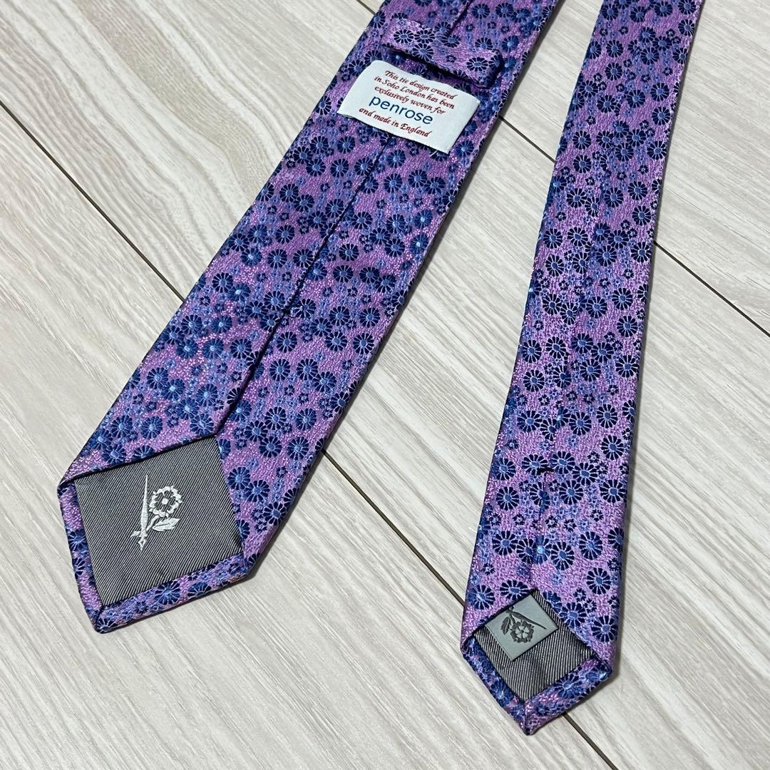 極美品✨Penrose ペンローズ ネクタイ 紫 ピンク 花柄 ジャガード 光沢