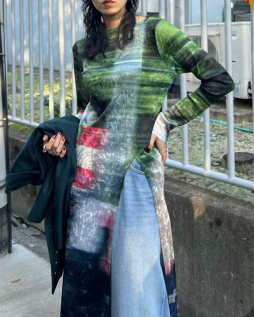 トップス AMERI UND LANDSCAPE PRINT LONG TOP