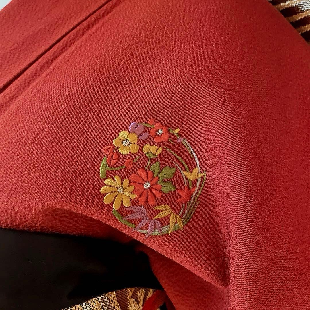 振袖フルセット　ちりめん色無地　成人式振袖　振袖　赤茶　テラコッタ