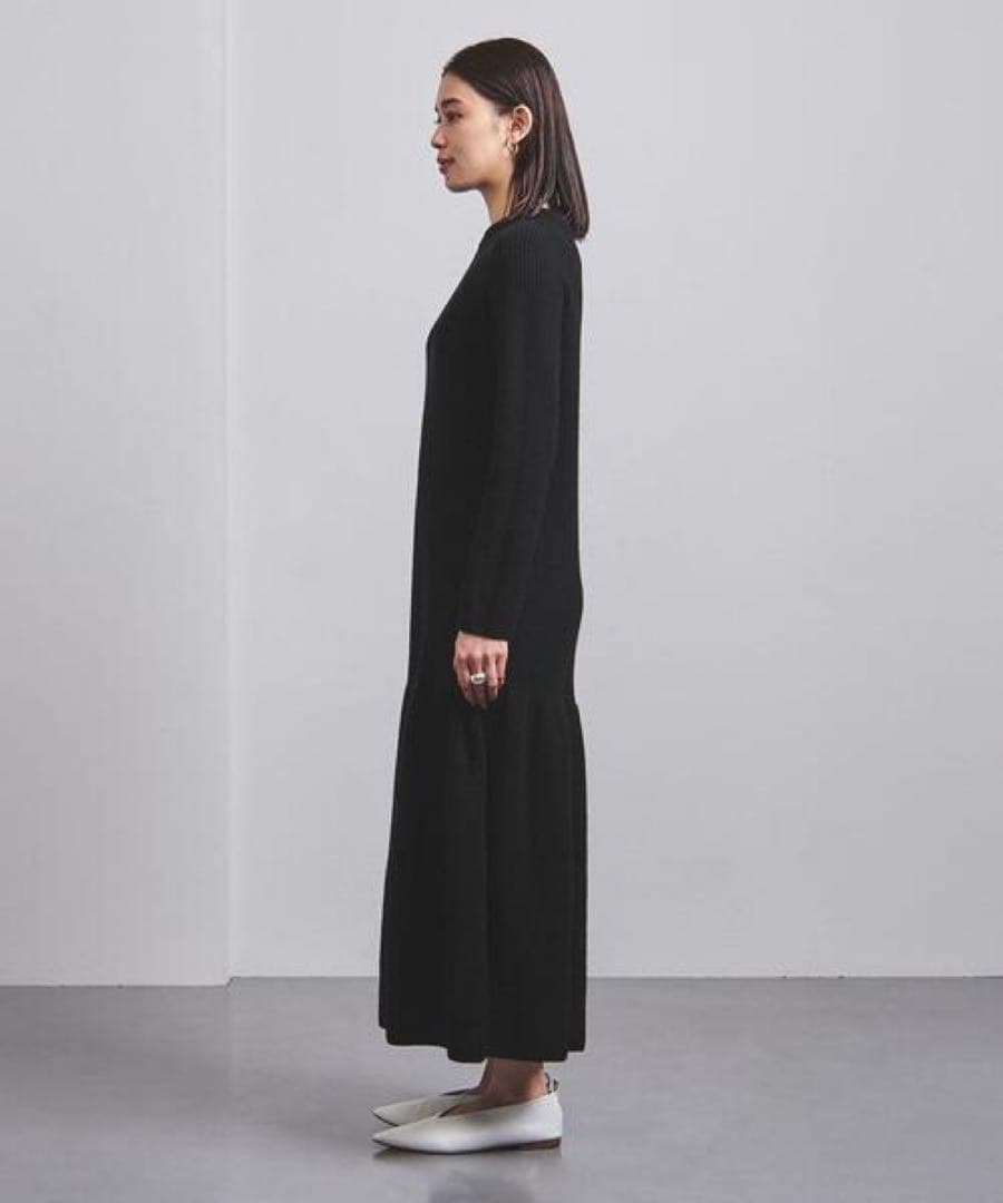 UNITED ARROWS 片畦編みティアードニットワンピース ウール100%黒