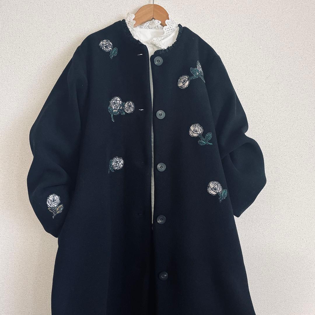 ミナペルホネン　rosy 黒　ウール ロング　コート　総裏　ハンドメイド