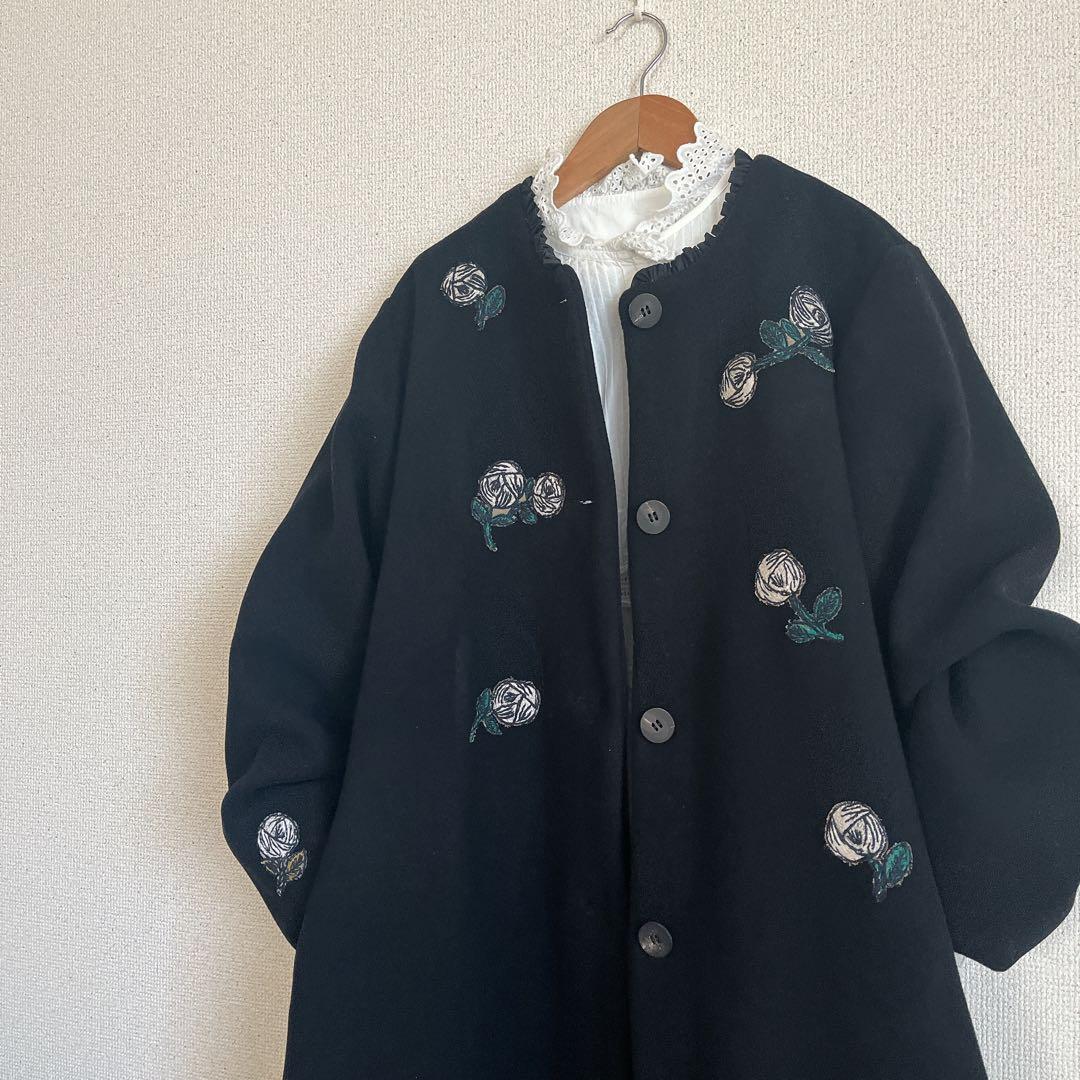 ミナペルホネン　rosy 黒　ウール ロング　コート　総裏　ハンドメイド