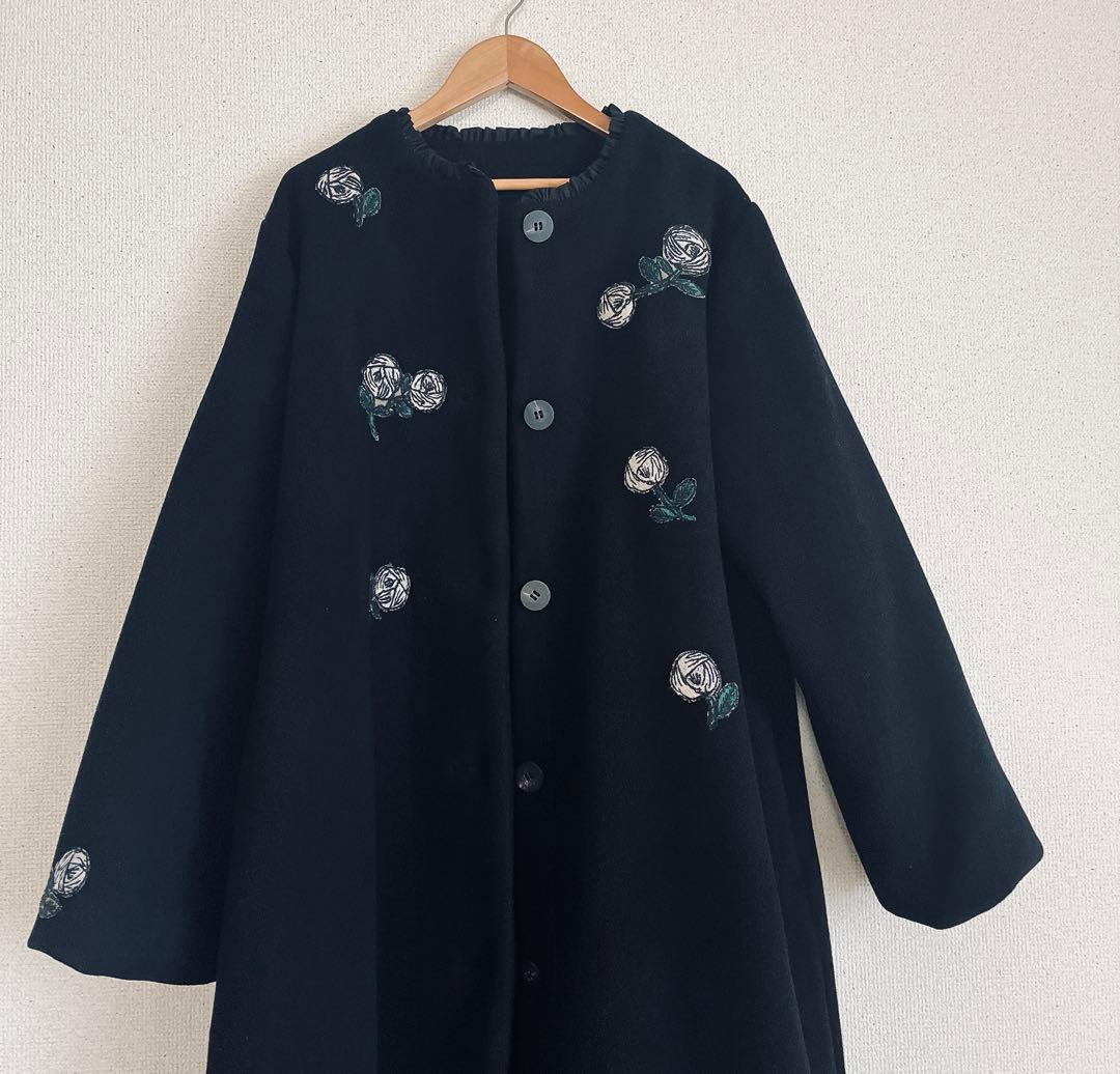ミナペルホネン　rosy 黒　ウール ロング　コート　総裏　ハンドメイド