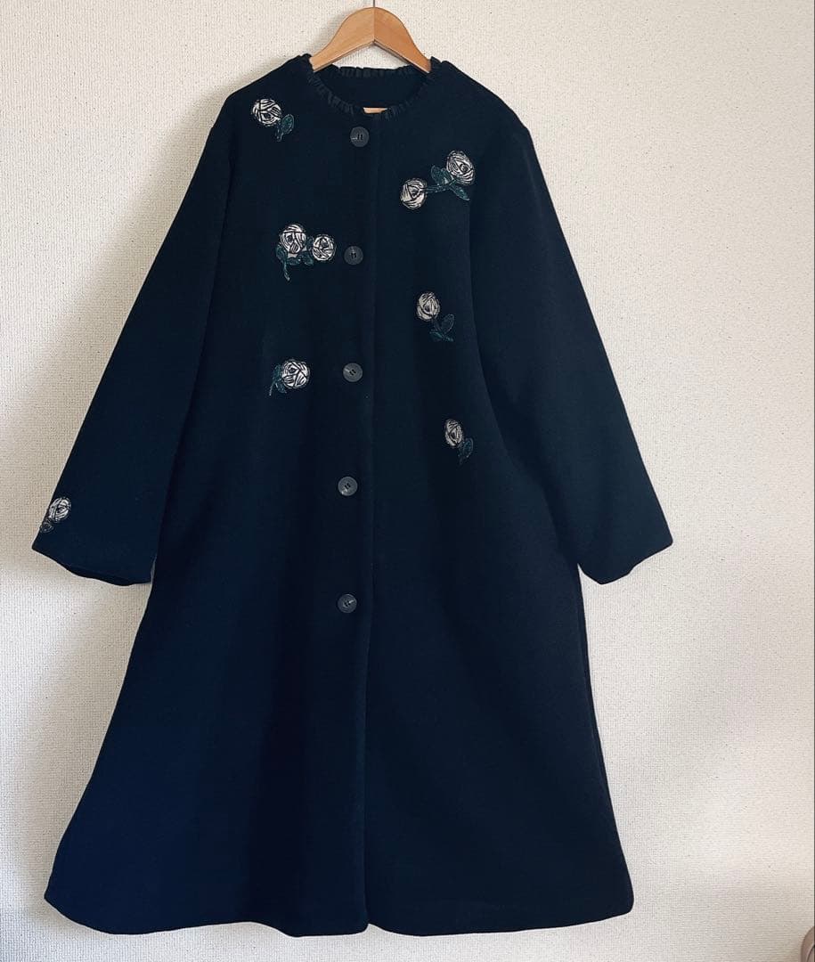 ミナペルホネン　rosy 黒　ウール ロング　コート　総裏　ハンドメイド
