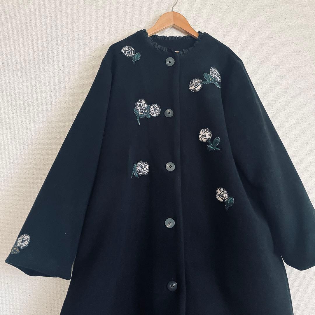 ミナペルホネン　rosy 黒　ウール ロング　コート　総裏　ハンドメイド