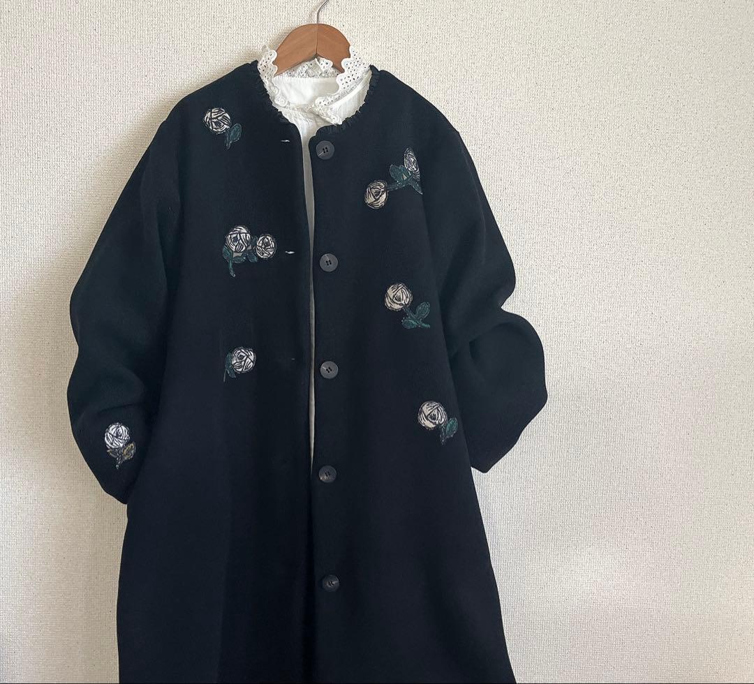 ミナペルホネン　rosy 黒　ウール ロング　コート　総裏　ハンドメイド