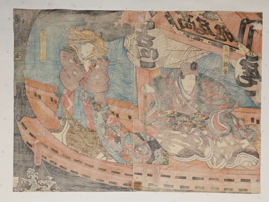 浮世絵版画、役者絵2枚目綴り繋がってます。三代豊国画嘉永4年出版、オマケ付き