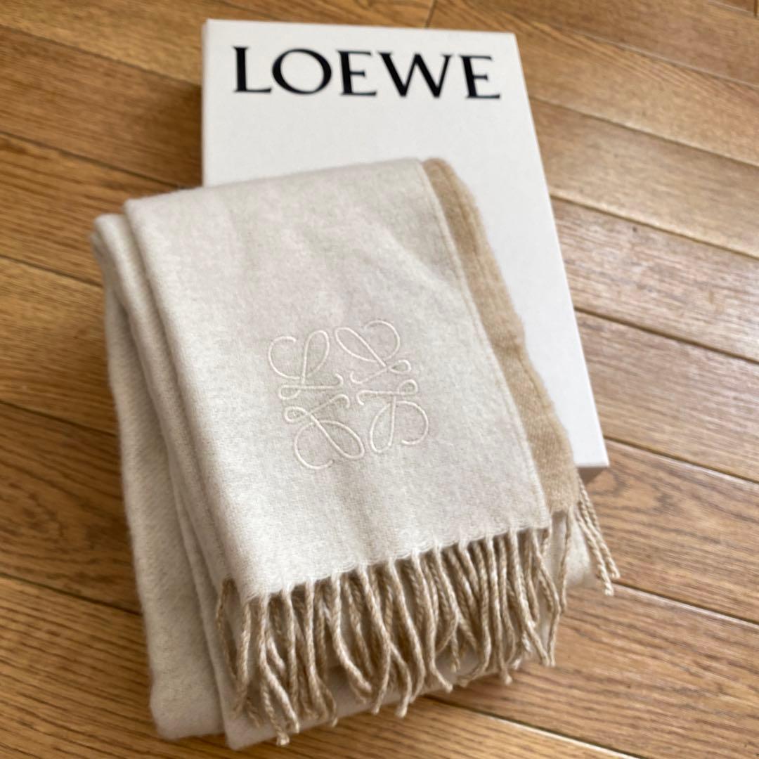 LOEWE ホワイト×ベージュ バイカラーマフラー