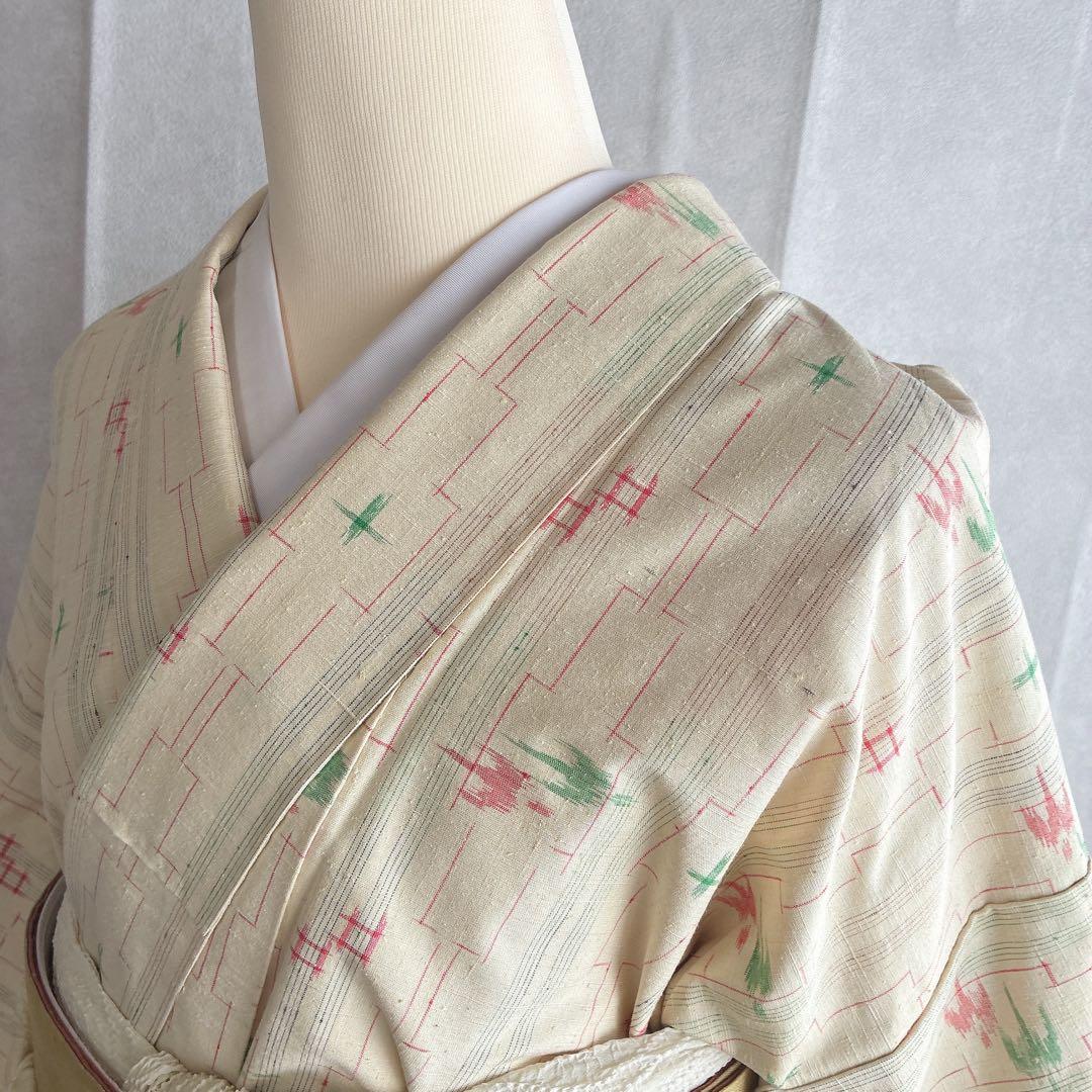 小紋　フルセット　着物　紬　トールサイズ　正絹　琉球絣柄　ナチュラル　J2 2月