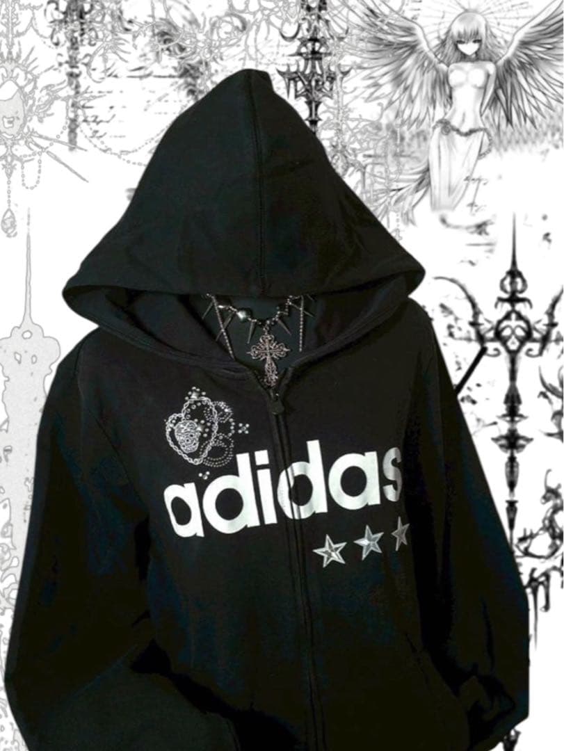 adidas ビッグロゴ00sy2k 髑髏ドクロレース平成ギャル　パーカー星古着