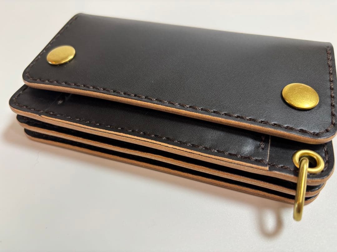 黒　ヌメ革　茶芯　丘染　トラッカーウォレット　3層　真鍮 レザークラフト