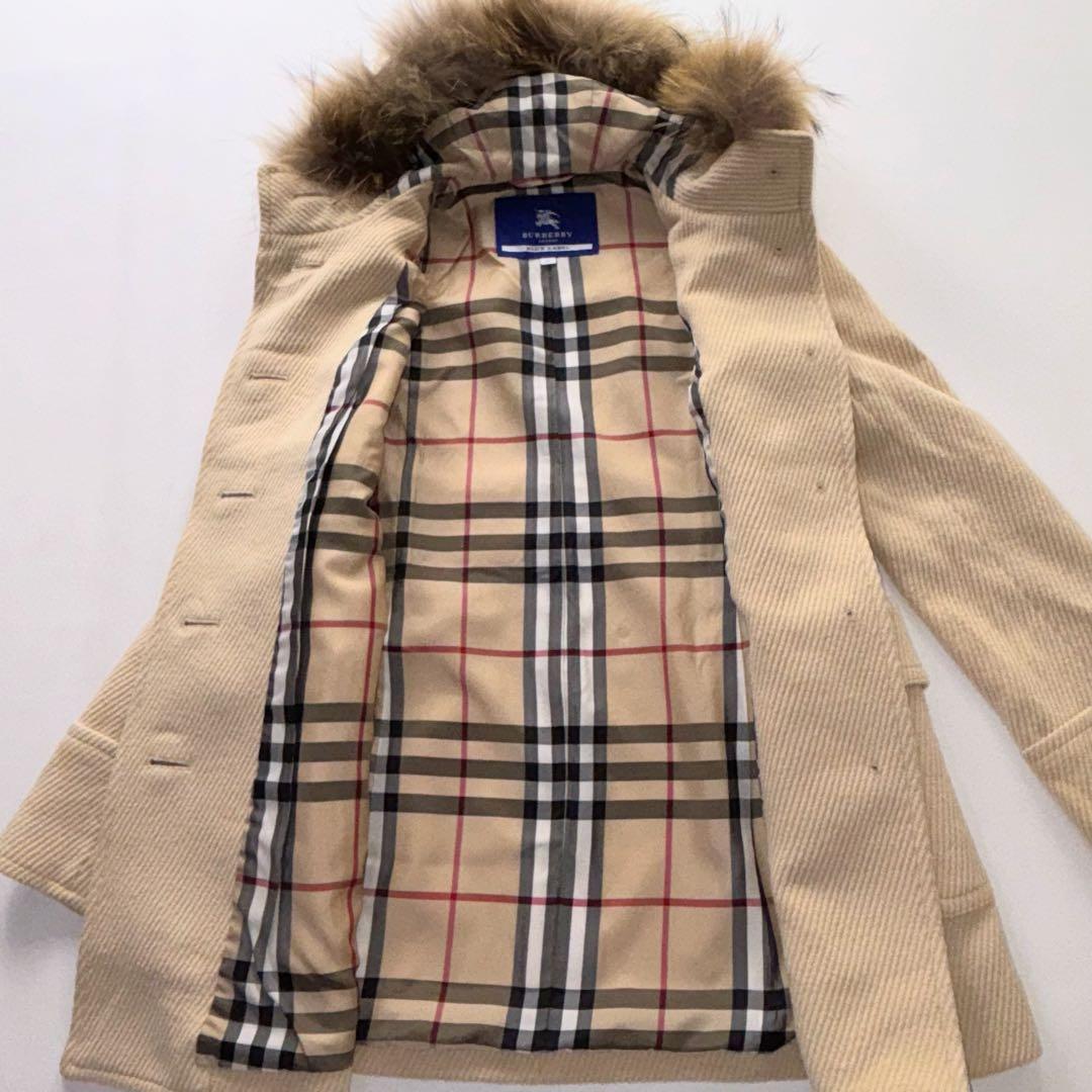 バーバリーブルーレーベル ノバチェック ウールコート アンゴラ混 リアルファー