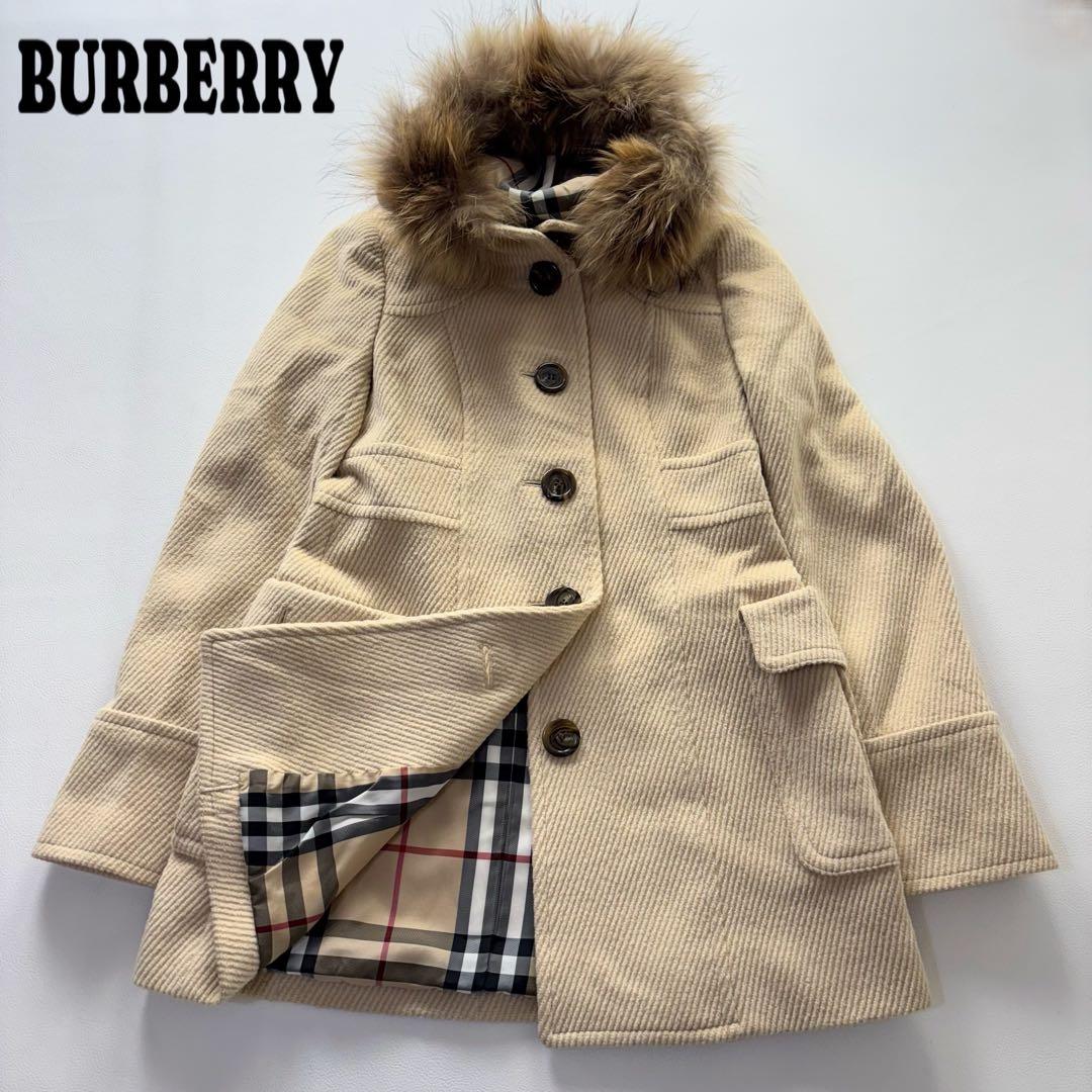 バーバリーブルーレーベル ノバチェック ウールコート アンゴラ混 リアルファー